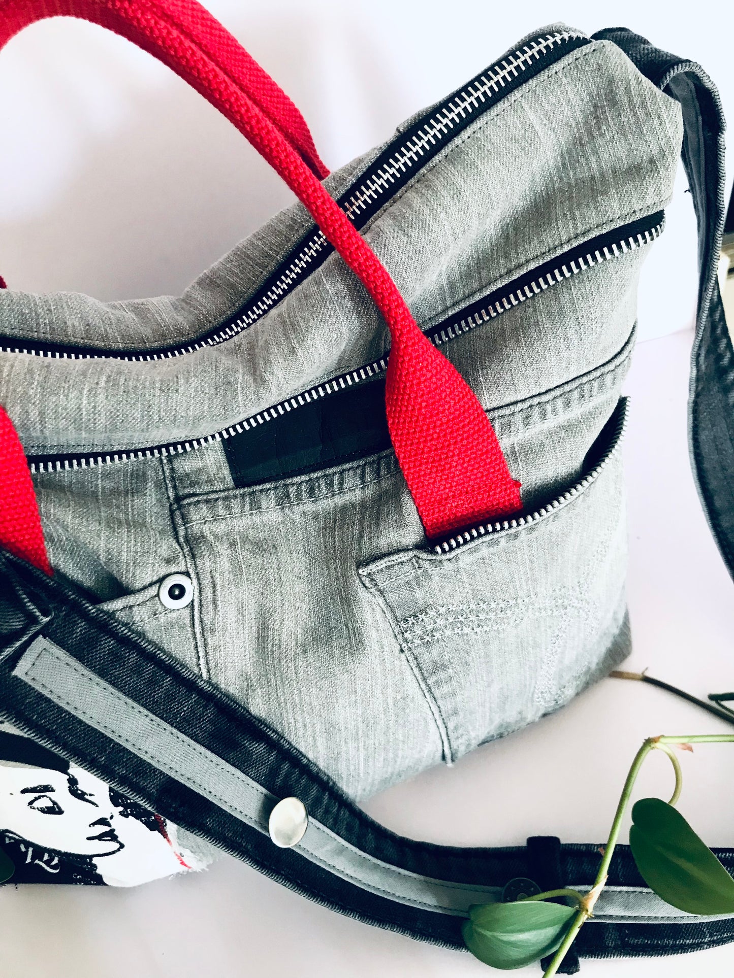 Conscious Carry-all featuring grey denim and Audrey Hepburn