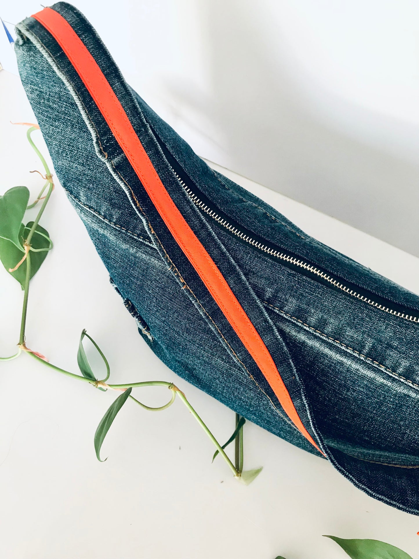 Hobo Zero with classic blue denim, orange trim and matching zipper pouch