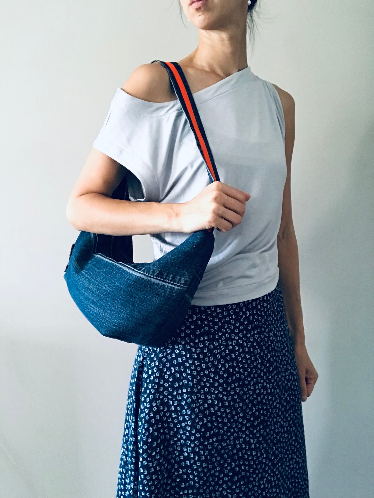 Hobo Zero with classic blue denim, orange trim and matching zipper pouch