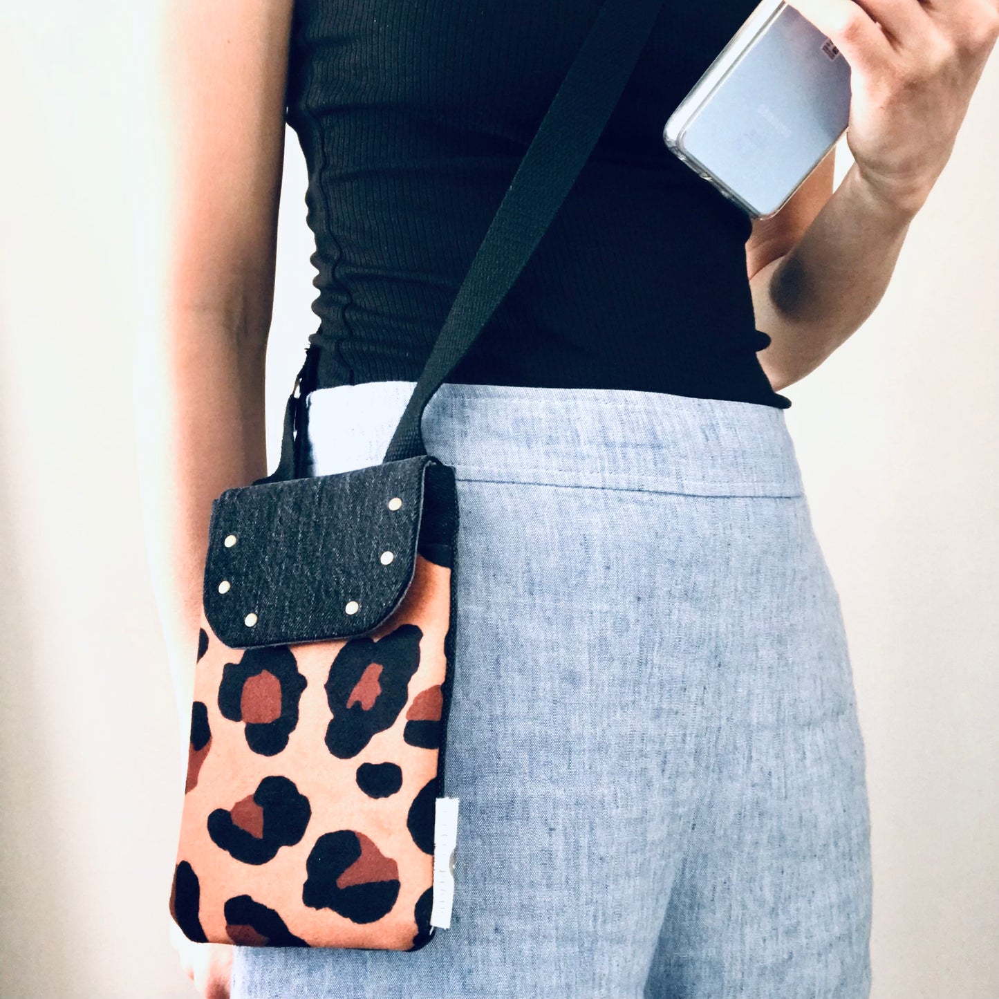 Upcycled denim remnant phone bag - Leopard print and black denim