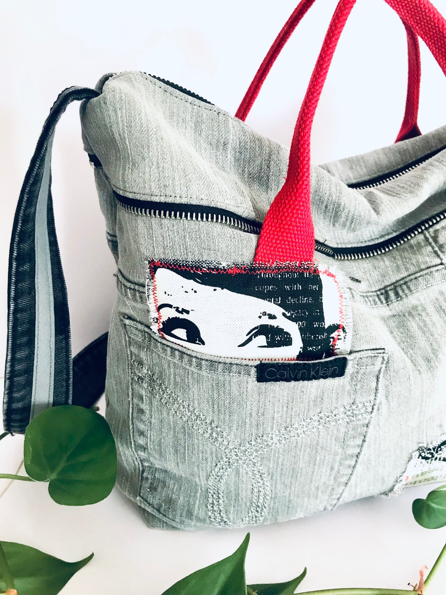 Conscious Carry-all featuring grey denim and Audrey Hepburn