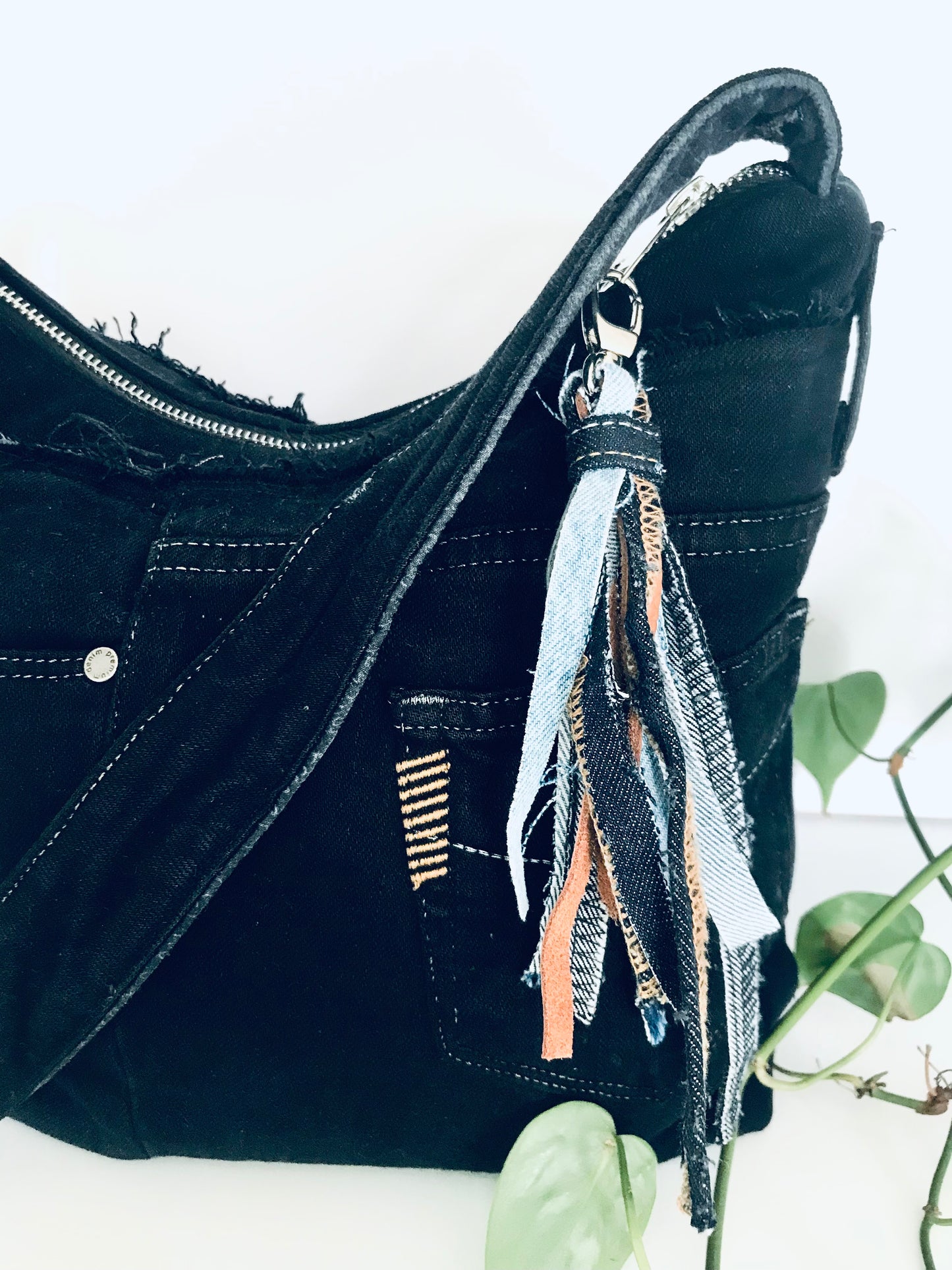 Conscious Carry-all with dark indigo denim and upcycled tassle