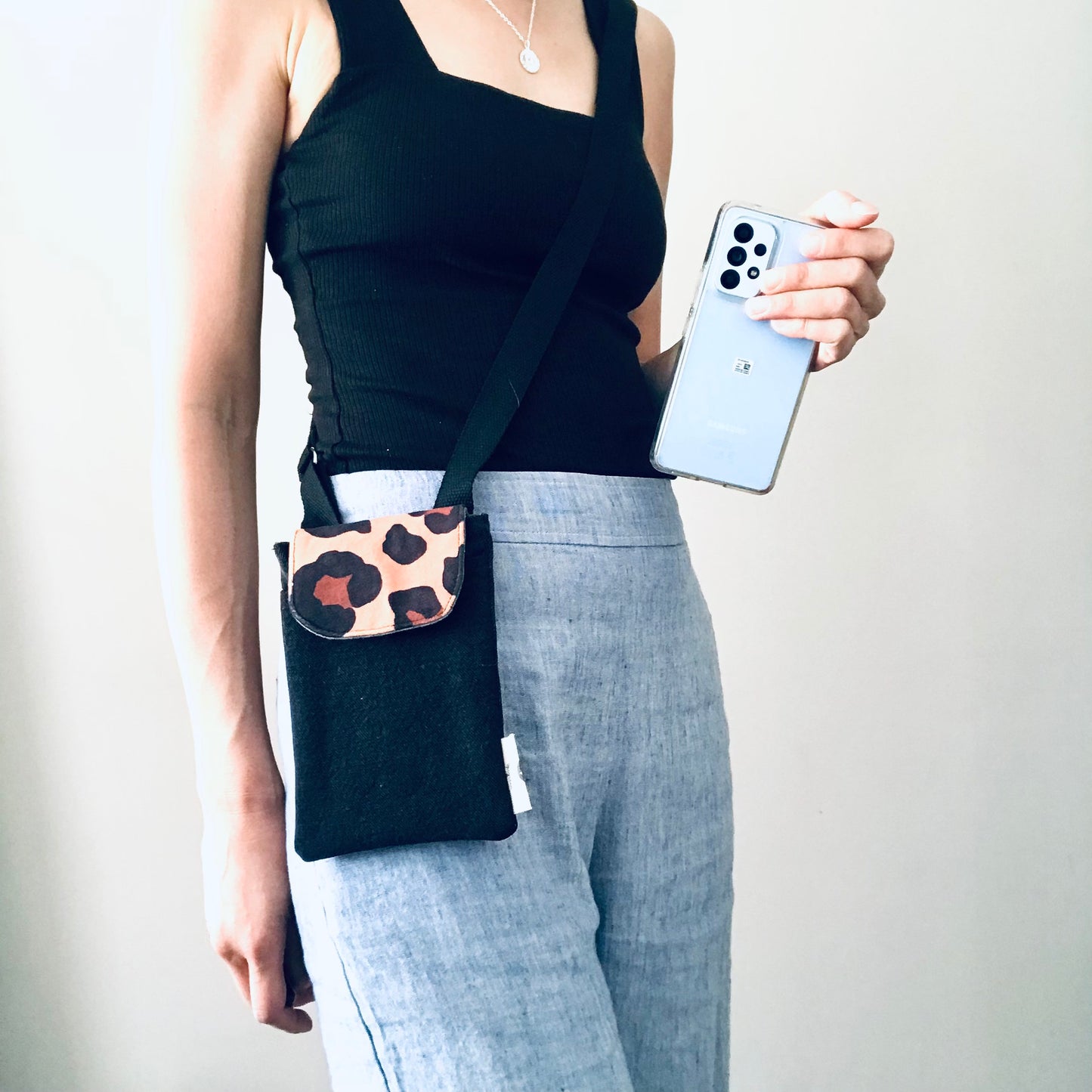 Upcycled denim remnant phone bag - Black denim and leopard print