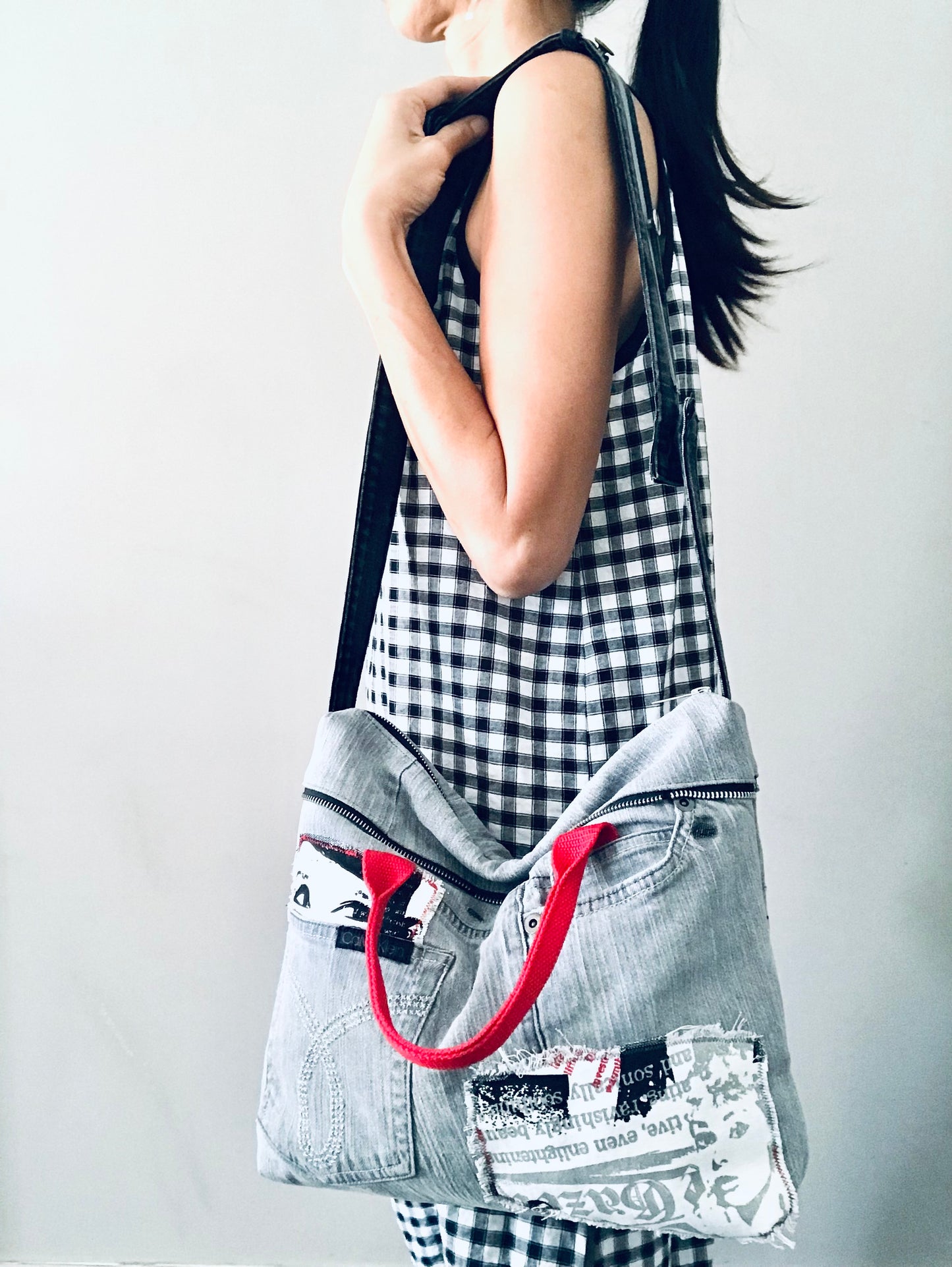 Conscious Carry-all featuring grey denim and Audrey Hepburn