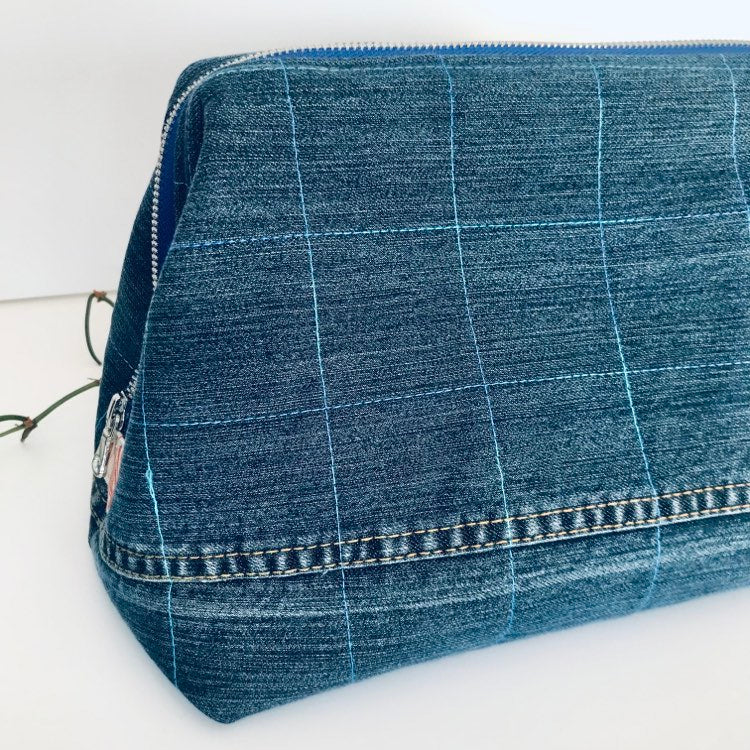 Upcycled large travel pouch with ocean blue zipper