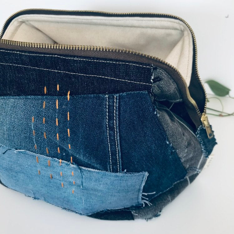 Upcycled large travel pouch with denim patchwork