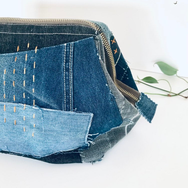 Upcycled large travel pouch with denim patchwork