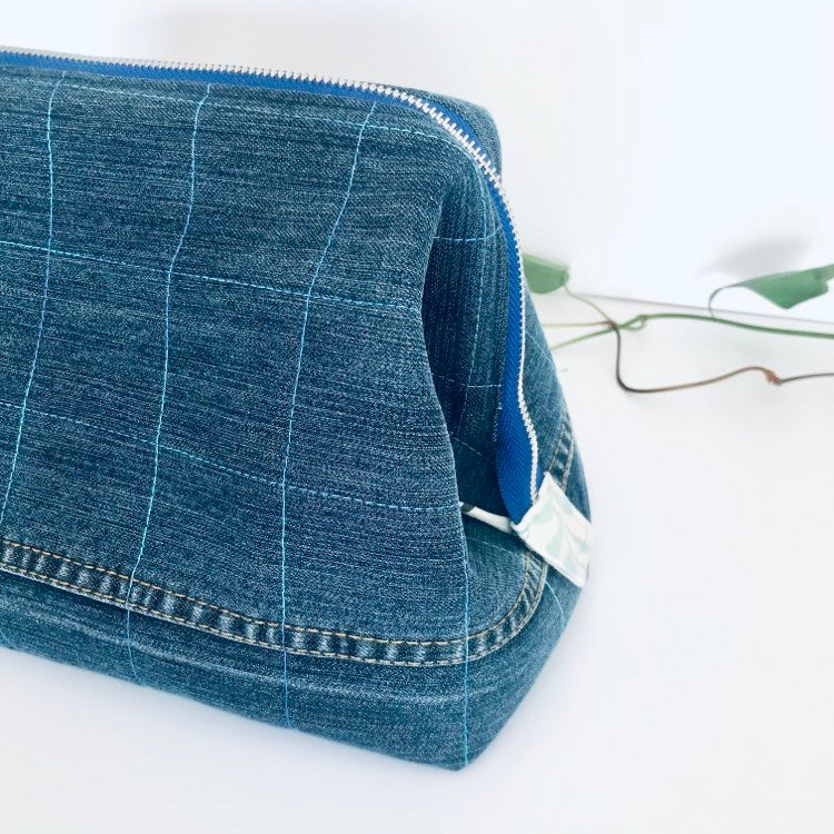 Upcycled large travel pouch with ocean blue zipper