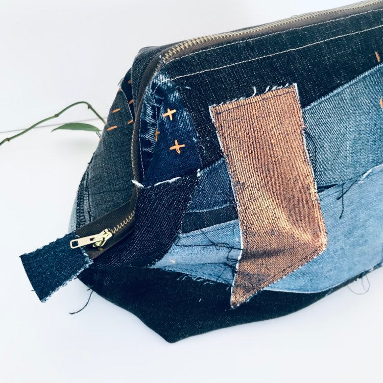 Upcycled large travel pouch with denim patchwork