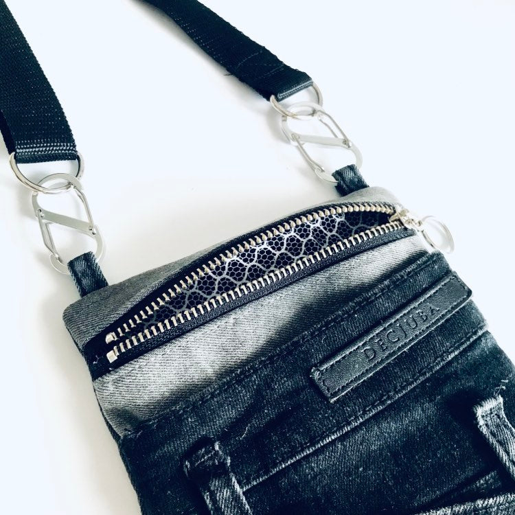 Upcycled denim convertible pocket bag black and grey Mooch Denim Upcycled