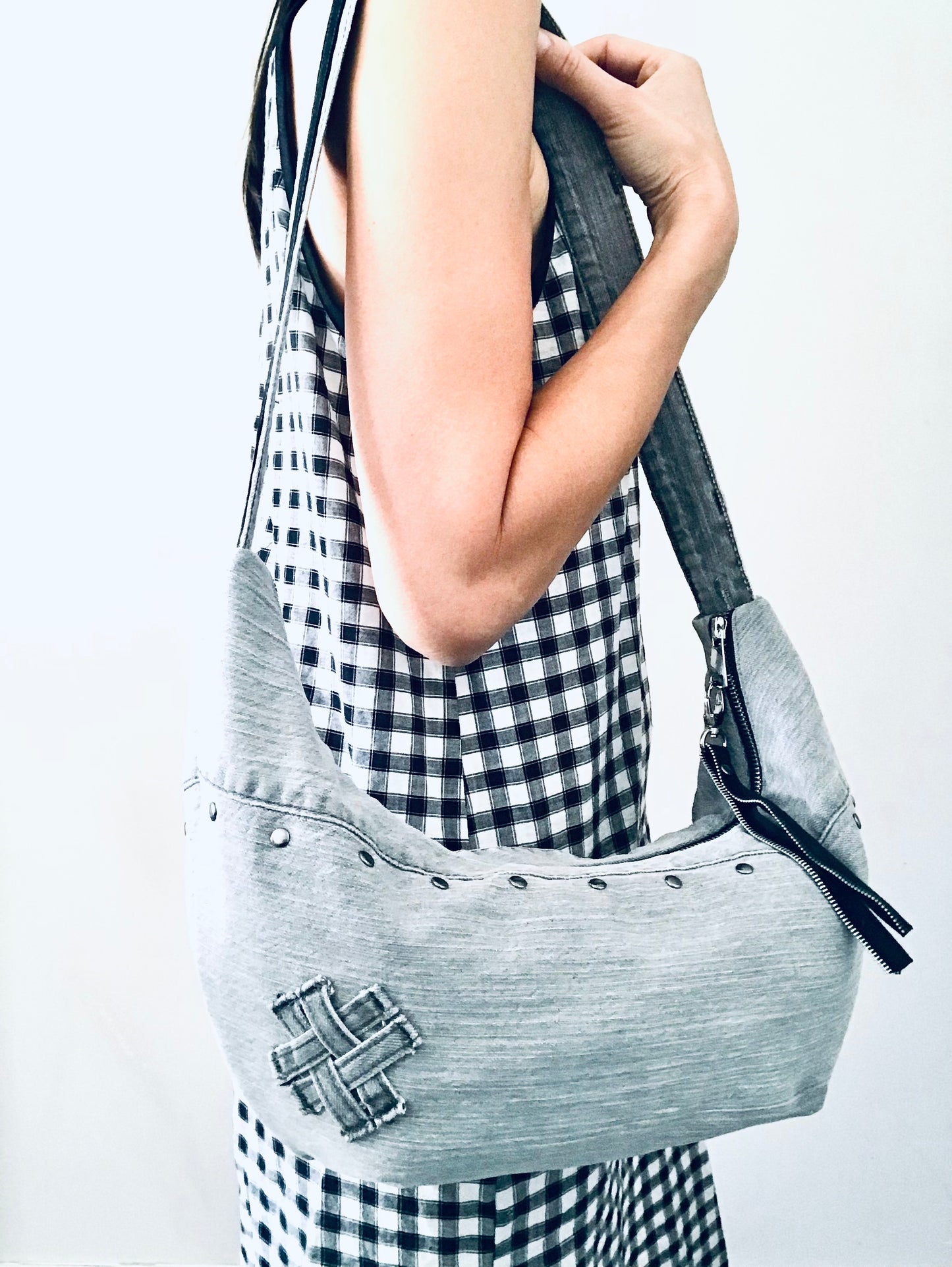 Hobo Zero with grey studded denim, black trim and matching zipper pouch