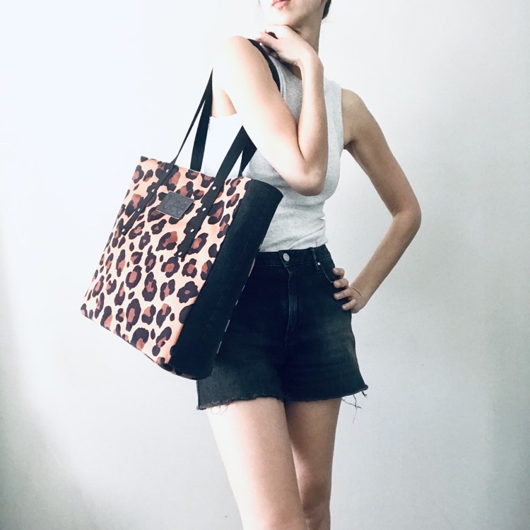 Large tote bag - remnant leopard faux suede x black denim