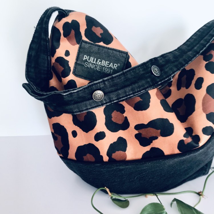 Upcycled denim x leopard hobo bag