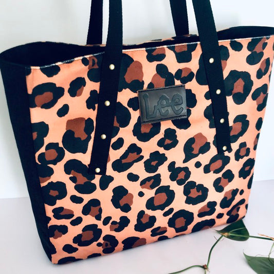 Large tote bag - remnant leopard faux suede x black denim