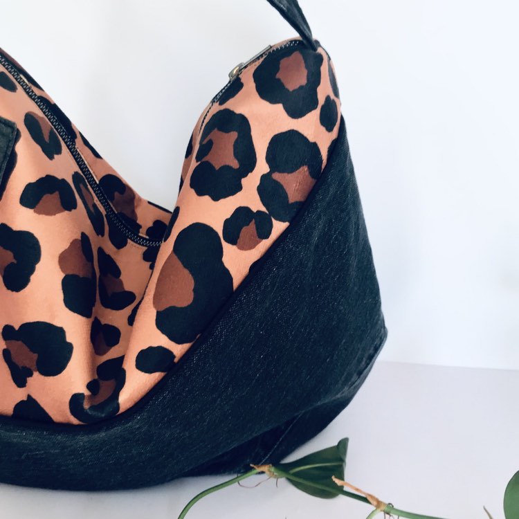 Upcycled denim x leopard hobo bag