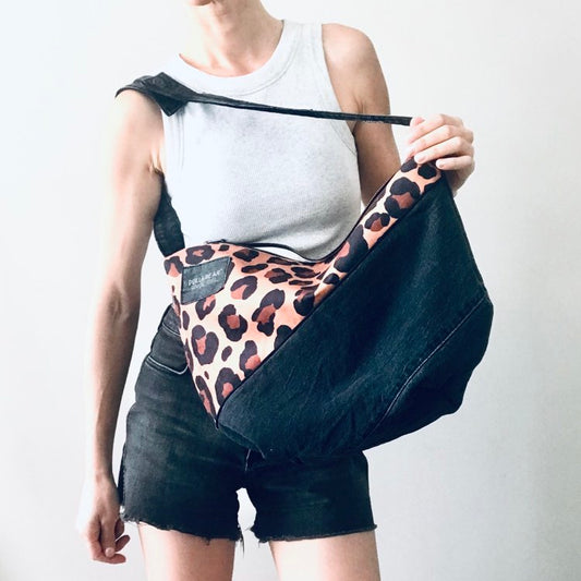 Upcycled denim hobo bag - remnant leopard faux suede x black denim