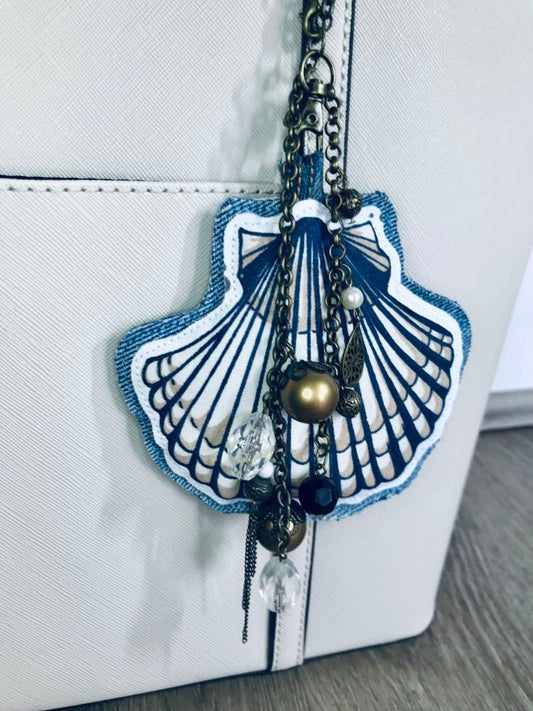 Ocean inspired upcycled denim and vintage necklace bag charm with scallop pendant