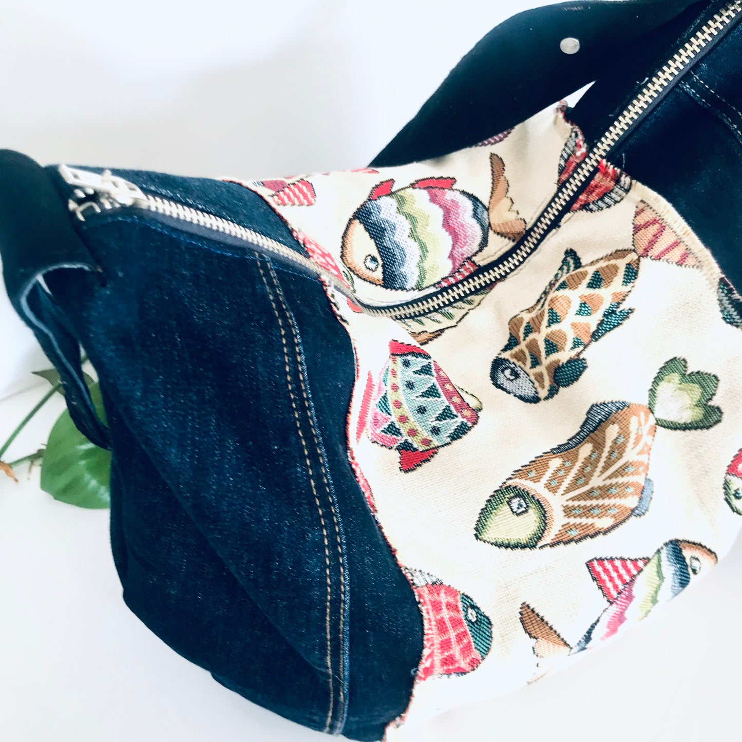 Upcycled denim hobo bag with festive fishes