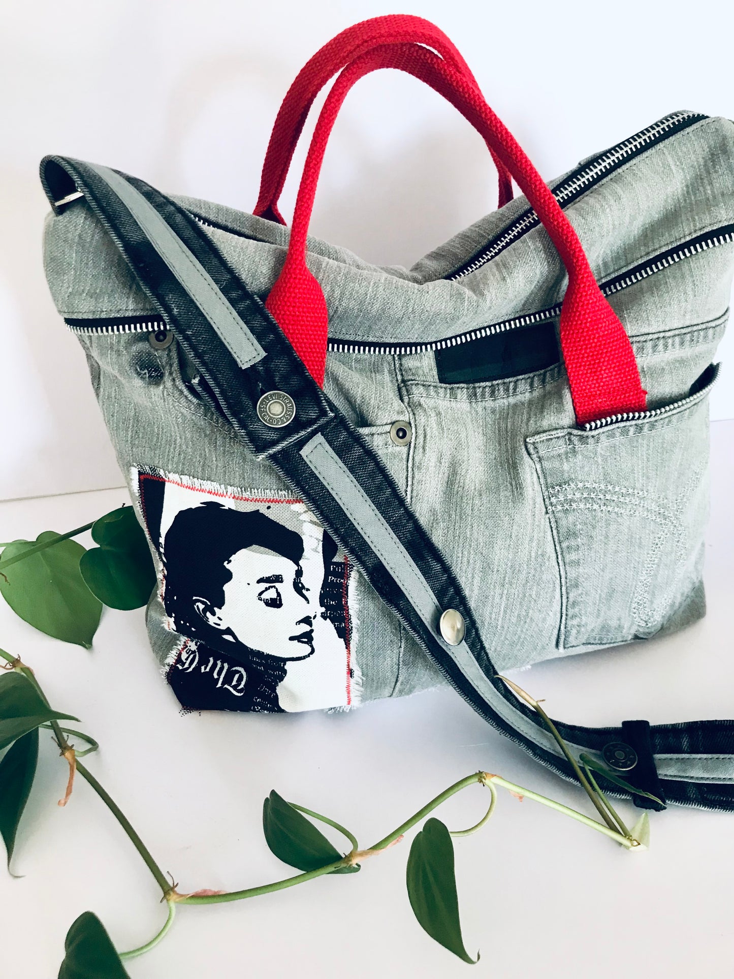 Conscious Carry-all featuring grey denim and Audrey Hepburn