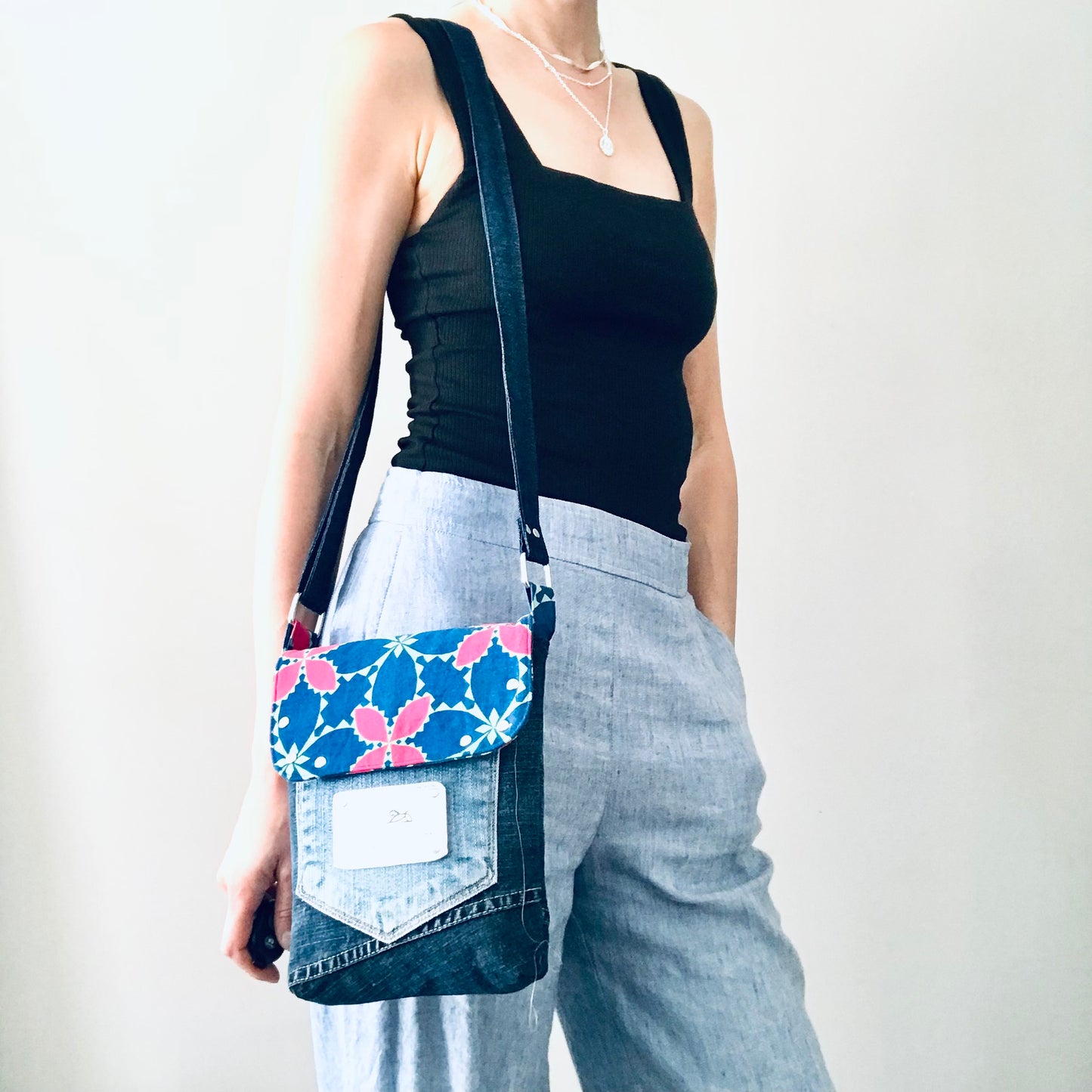 Small Sunshine Satchel with upcycled denim - Tropical