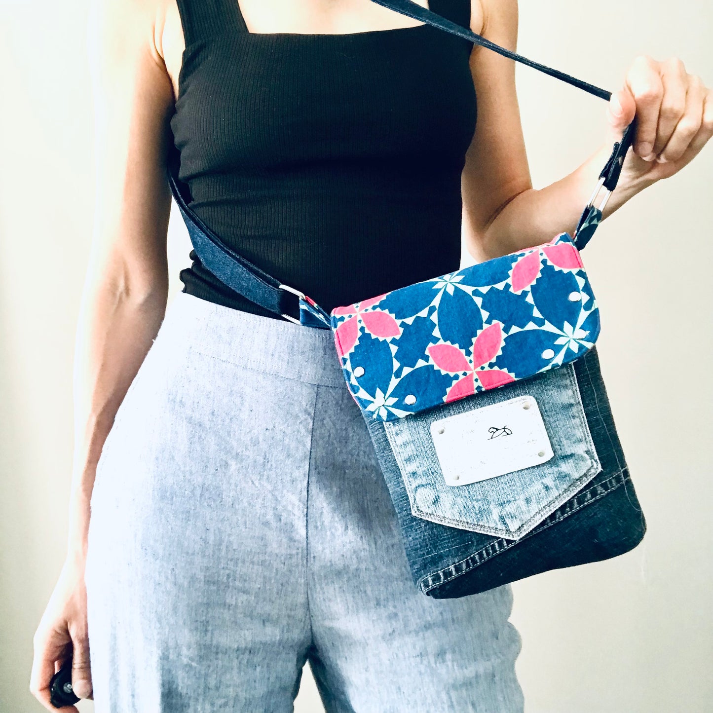 Small Sunshine Satchel with upcycled denim - Tropical