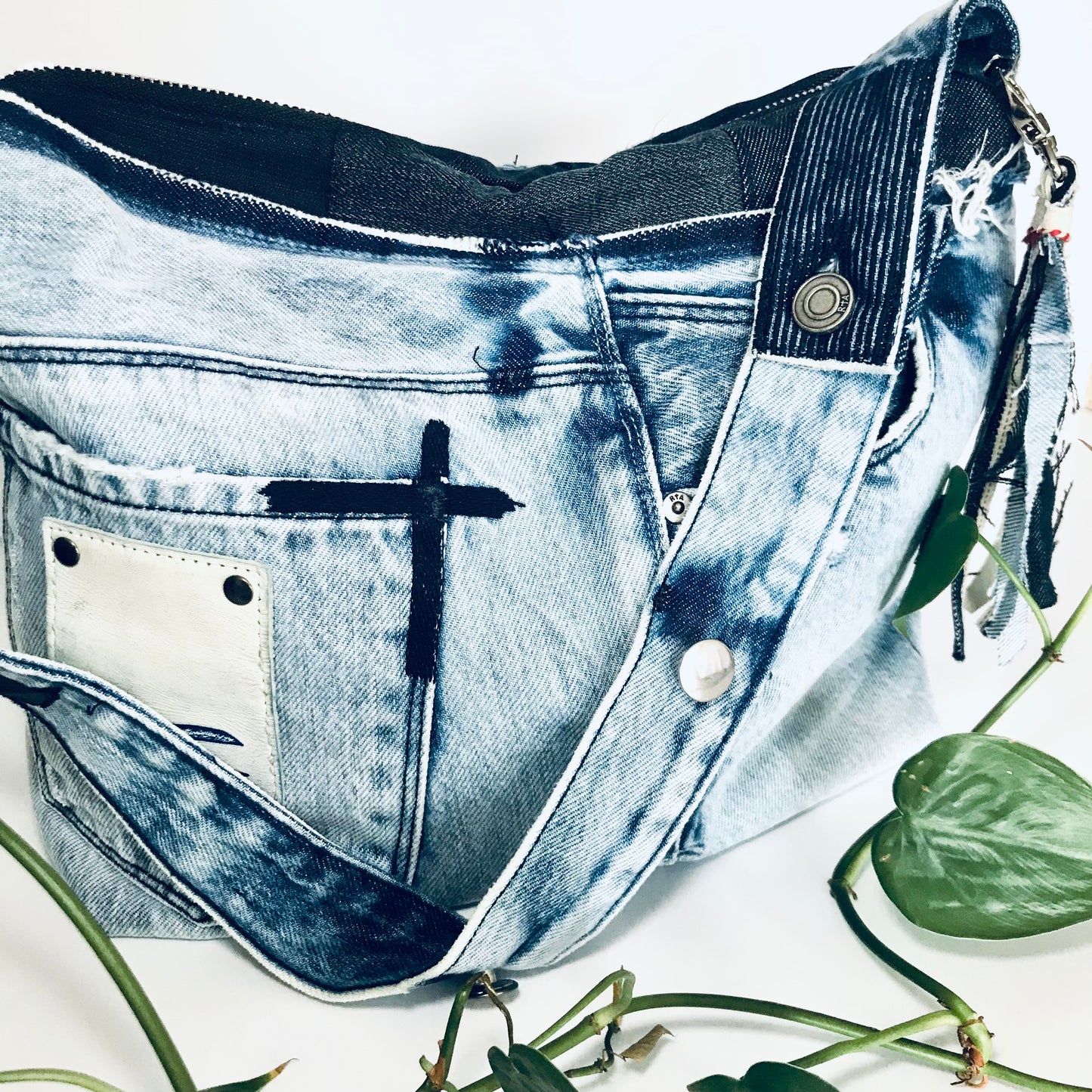 Conscious Carry-all with light blue denim and Paris lining with upcycled tassle