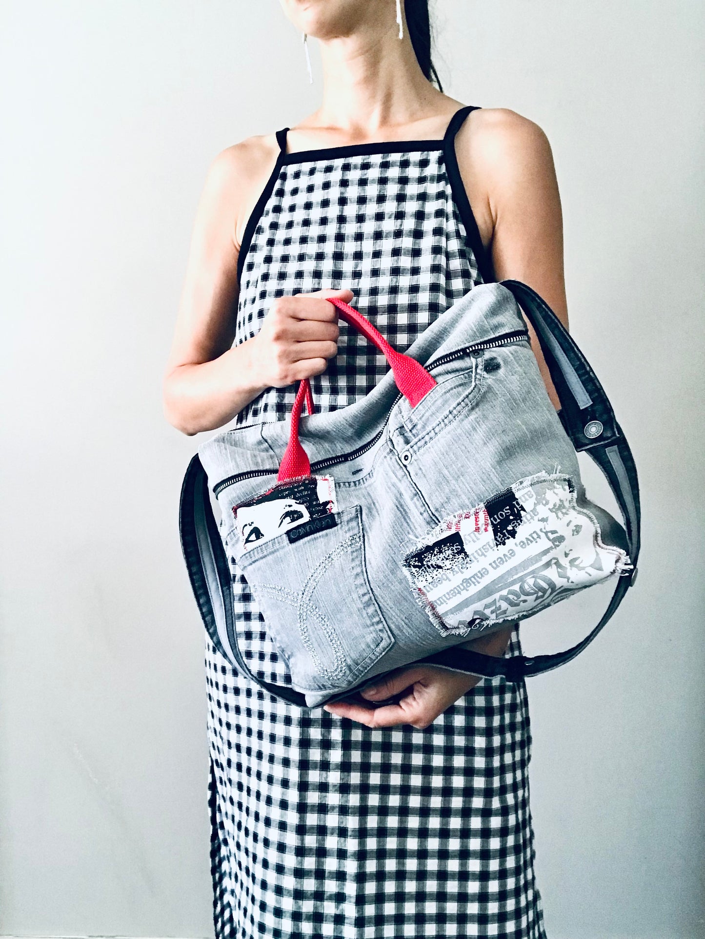 Conscious Carry-all featuring grey denim and Audrey Hepburn