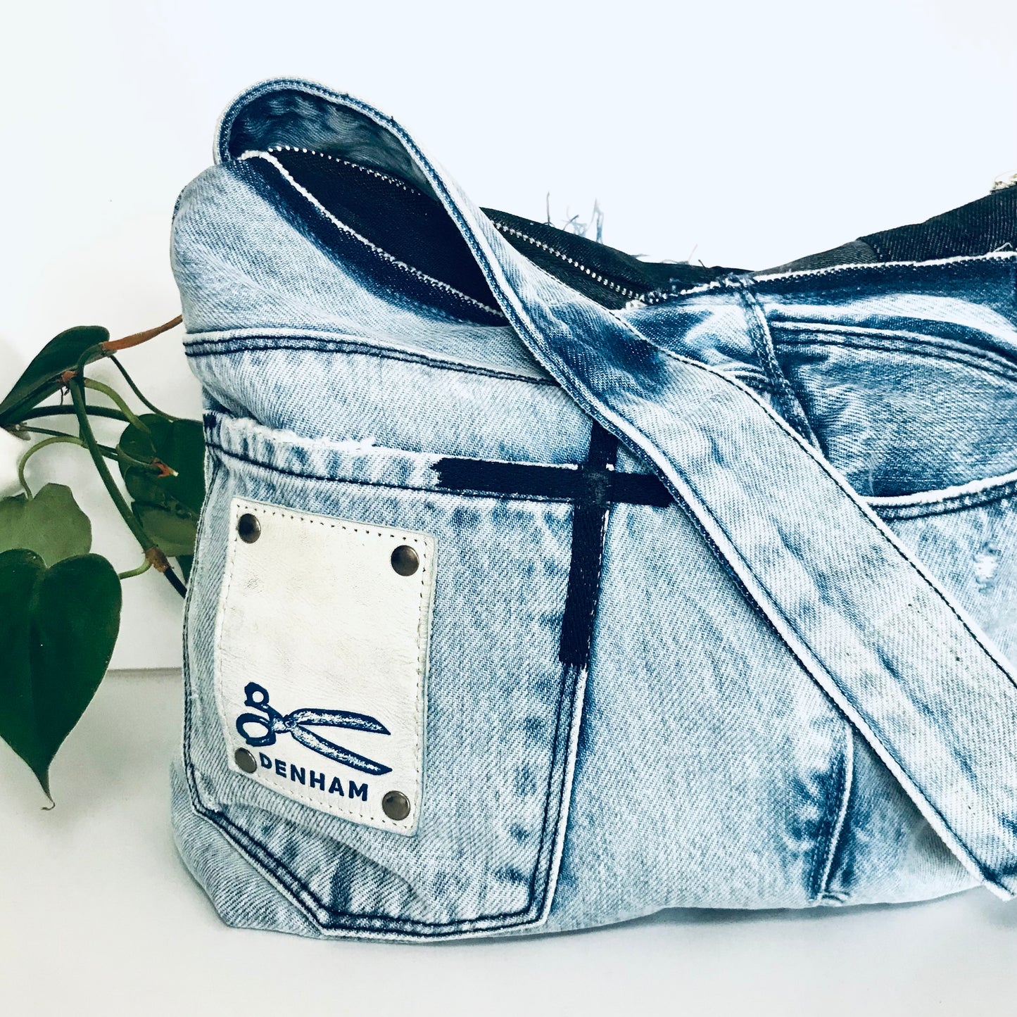 Conscious Carry-all with light blue denim and Paris lining with upcycled tassle