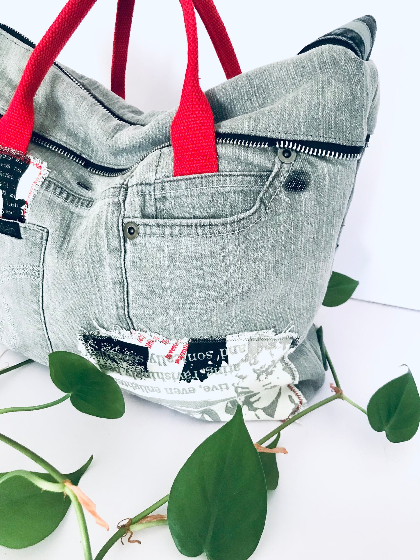 Conscious Carry-all featuring grey denim and Audrey Hepburn