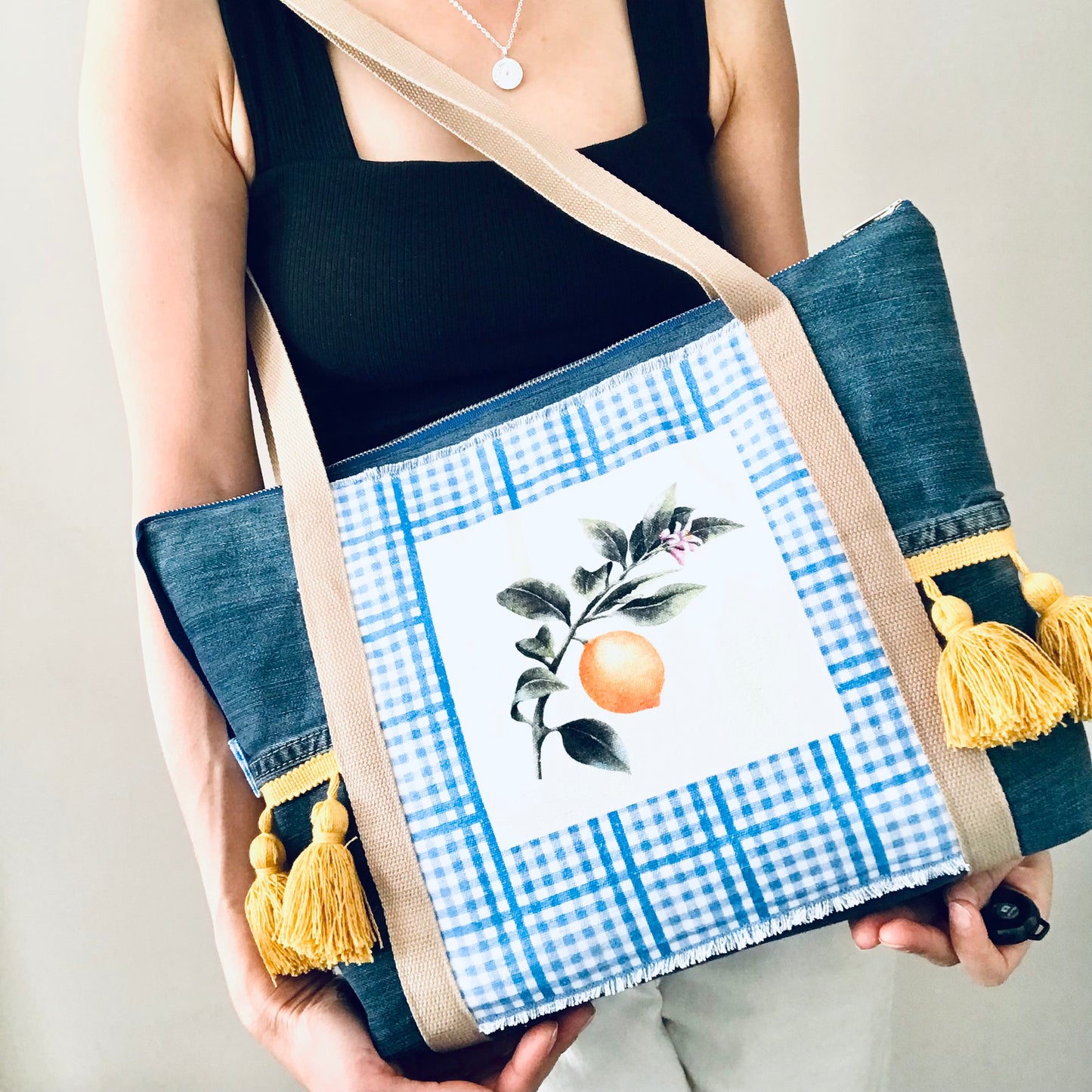 Tuscan tote bag with upcycled denim