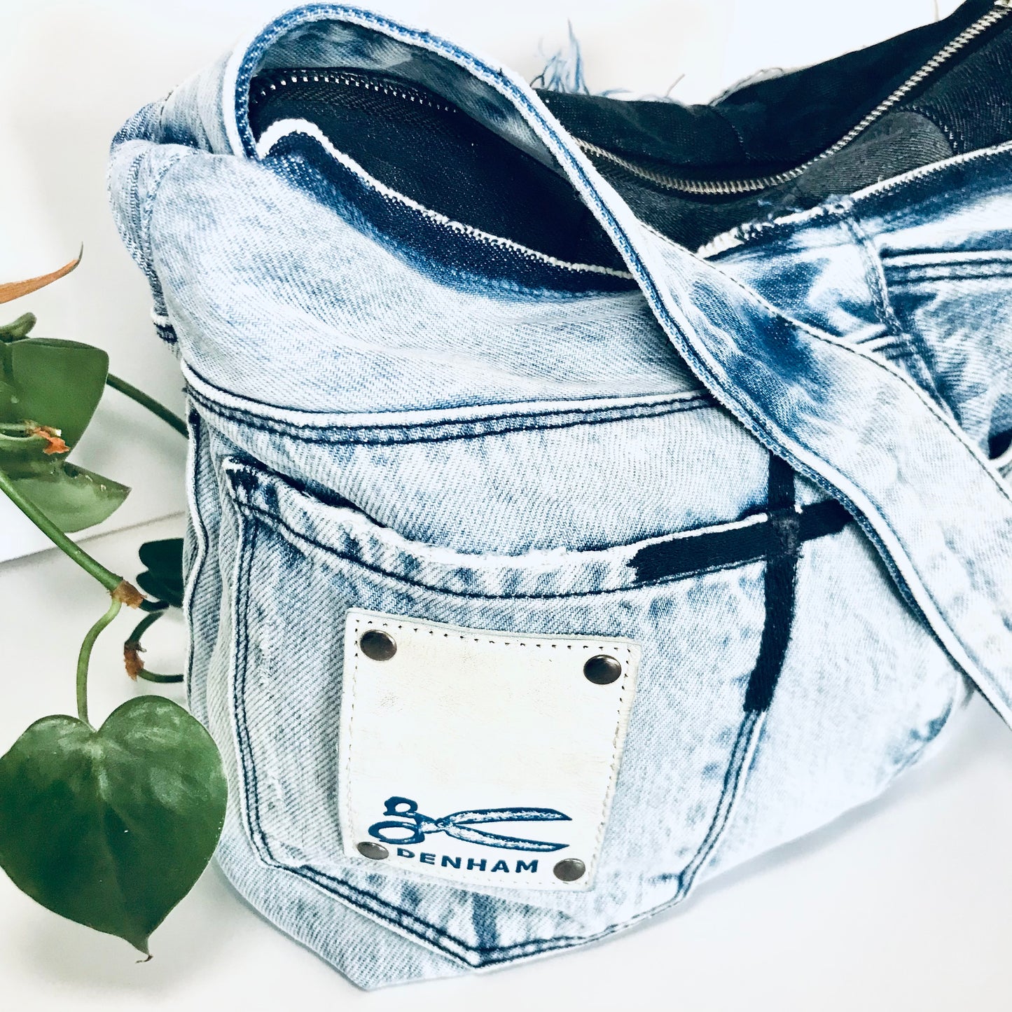 Conscious Carry-all with light blue denim and Paris lining with upcycled tassle