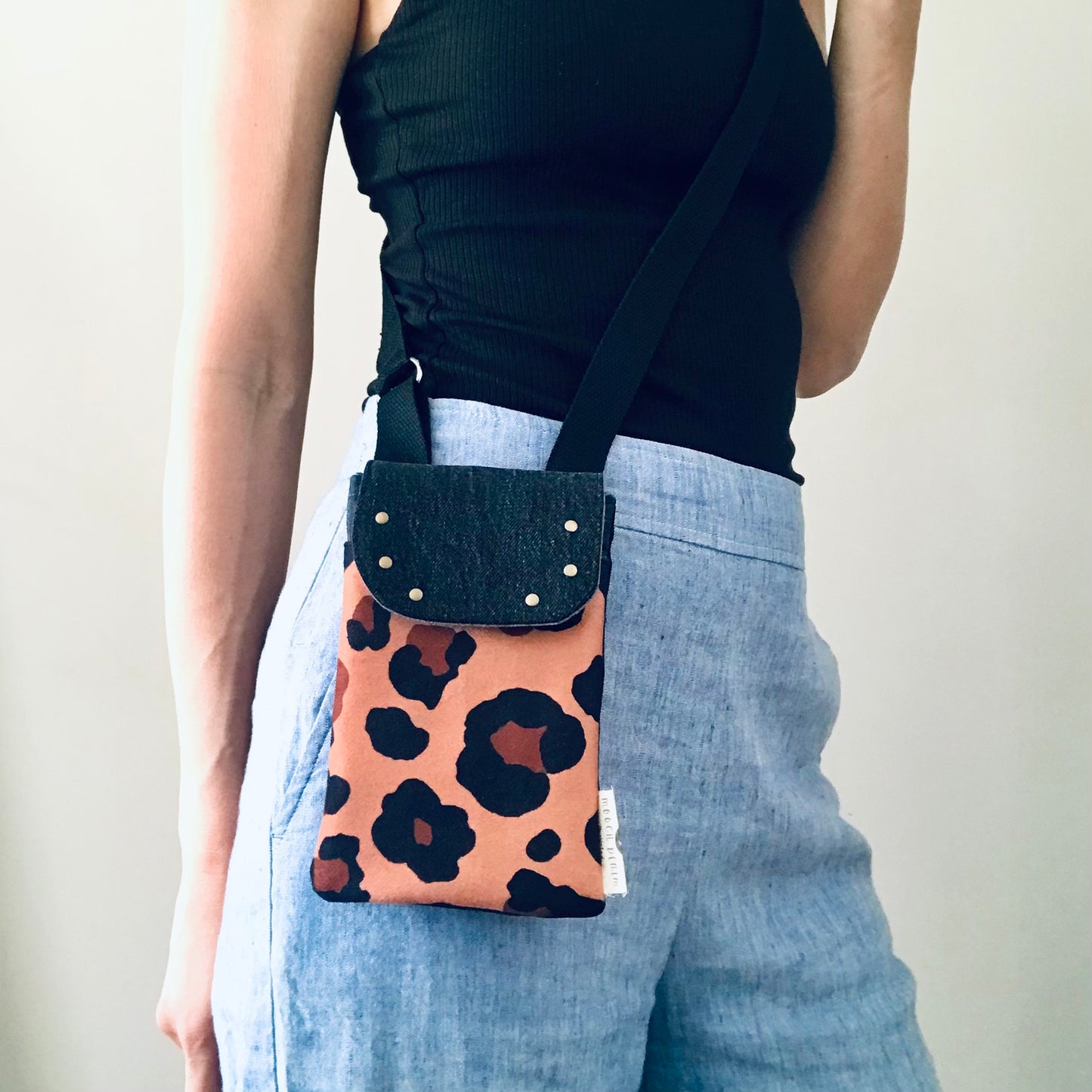 Upcycled denim remnant phone bag - Leopard print and black denim