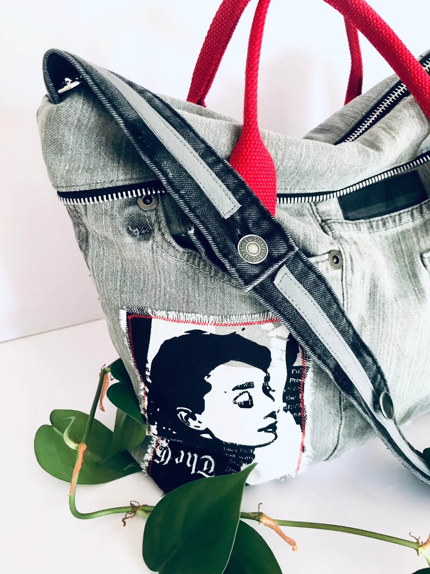 Conscious Carry-all featuring grey denim and Audrey Hepburn