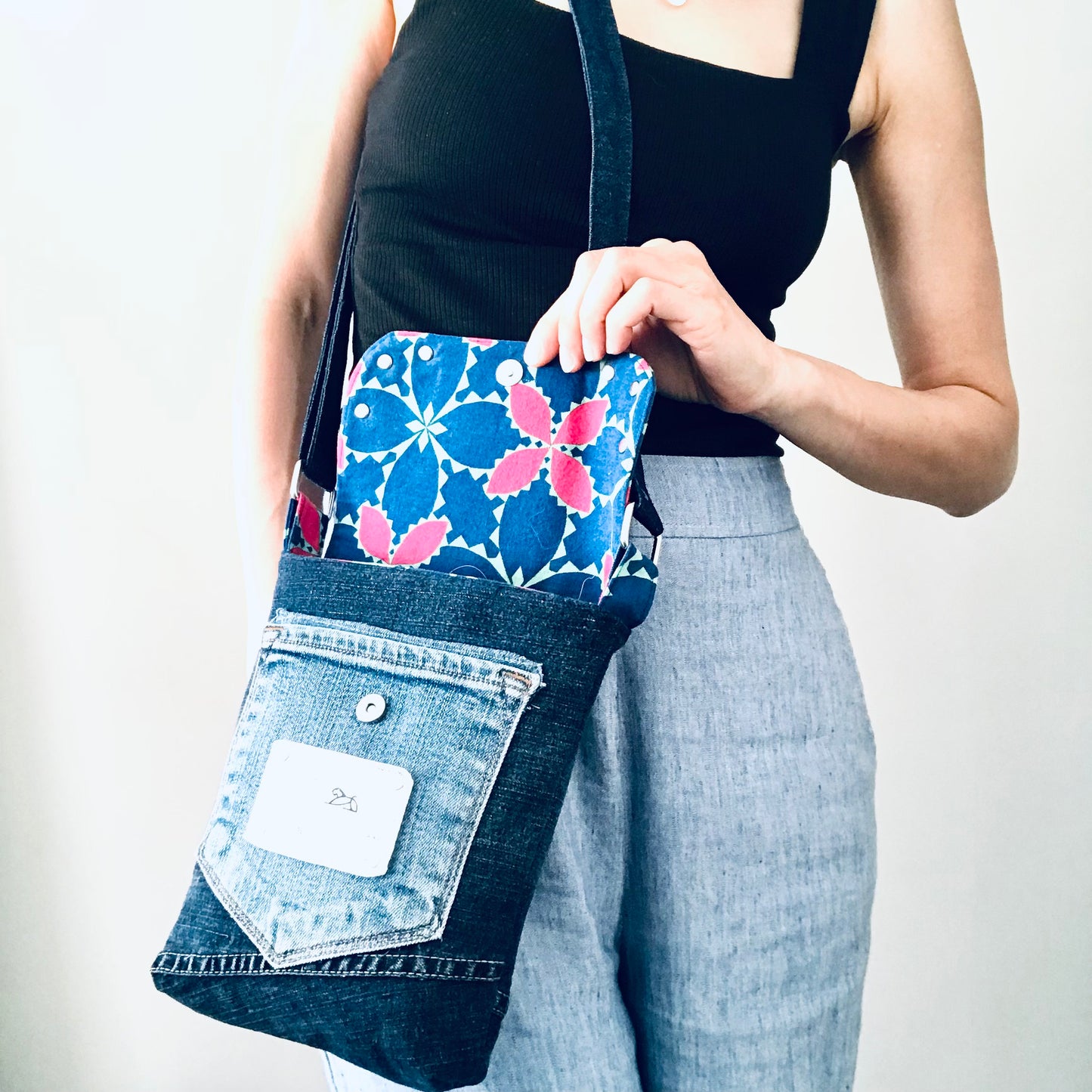 Small Sunshine Satchel with upcycled denim - Tropical