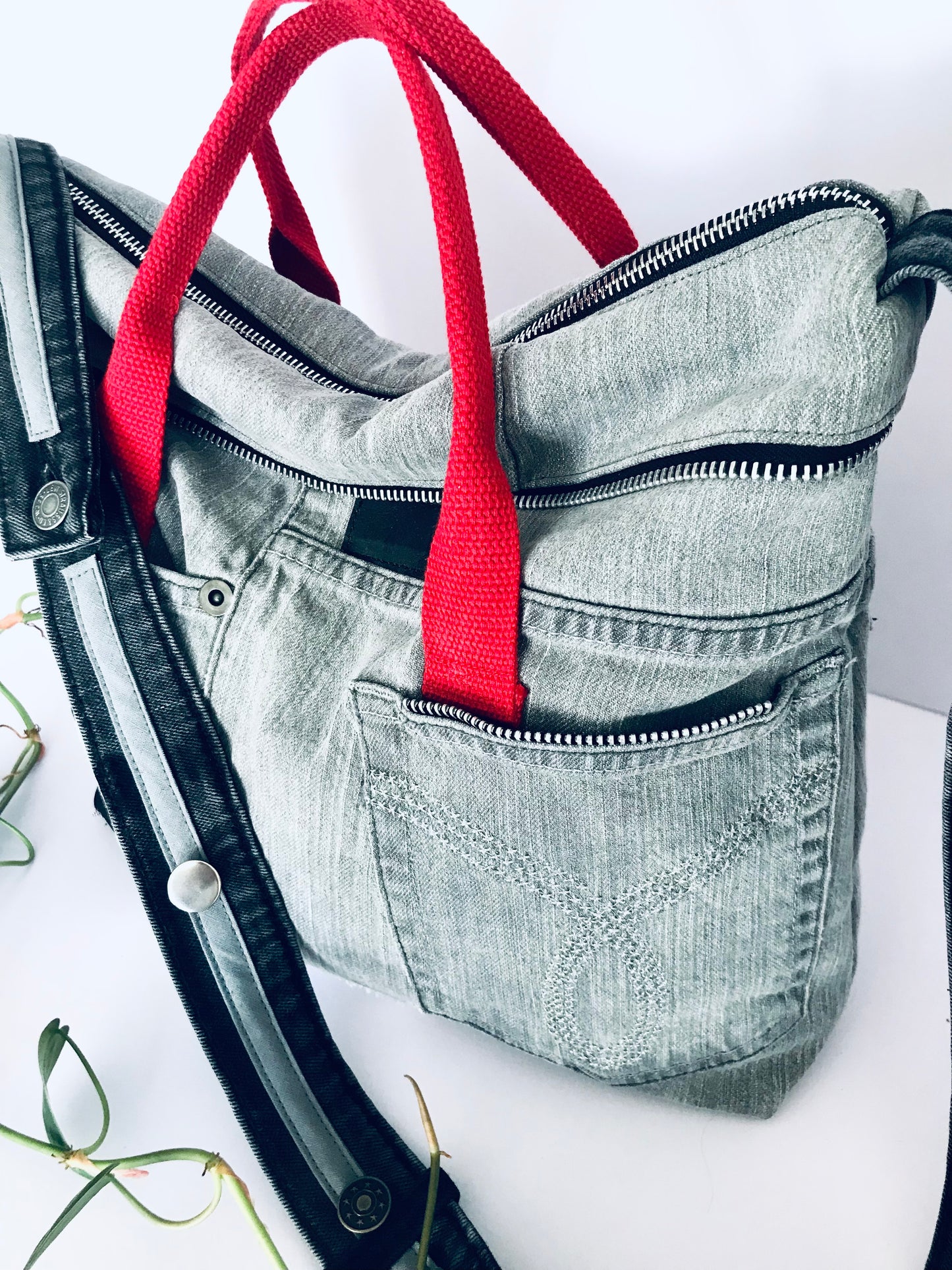 Conscious Carry-all featuring grey denim and Audrey Hepburn