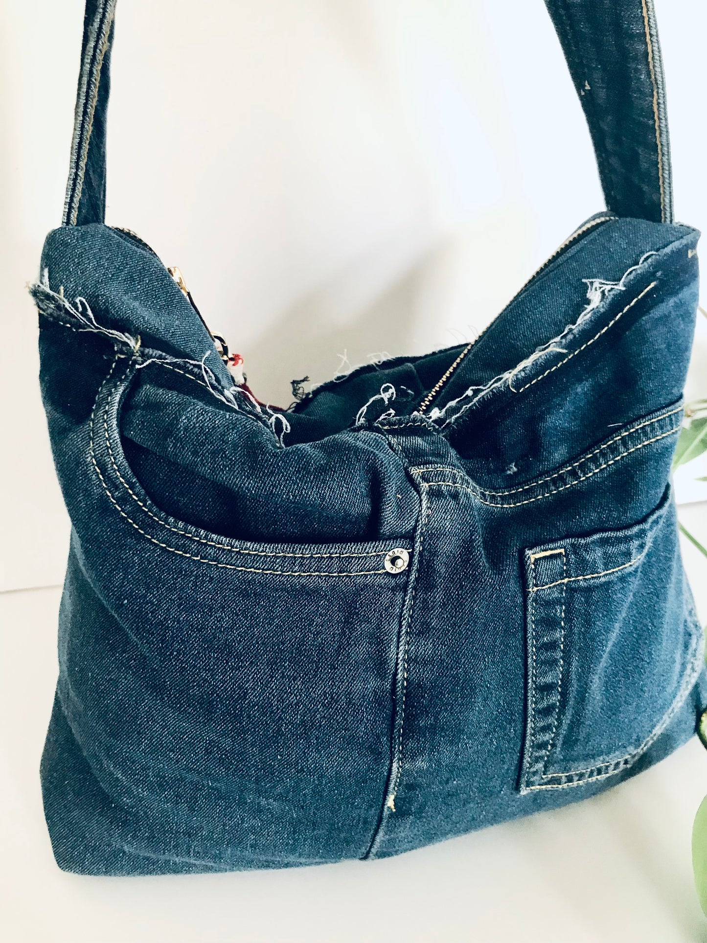 Conscious Carry-all with blue denim and upcycled tassle