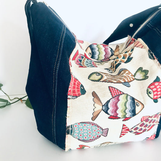 Upcycled denim hobo bag with festive fishes