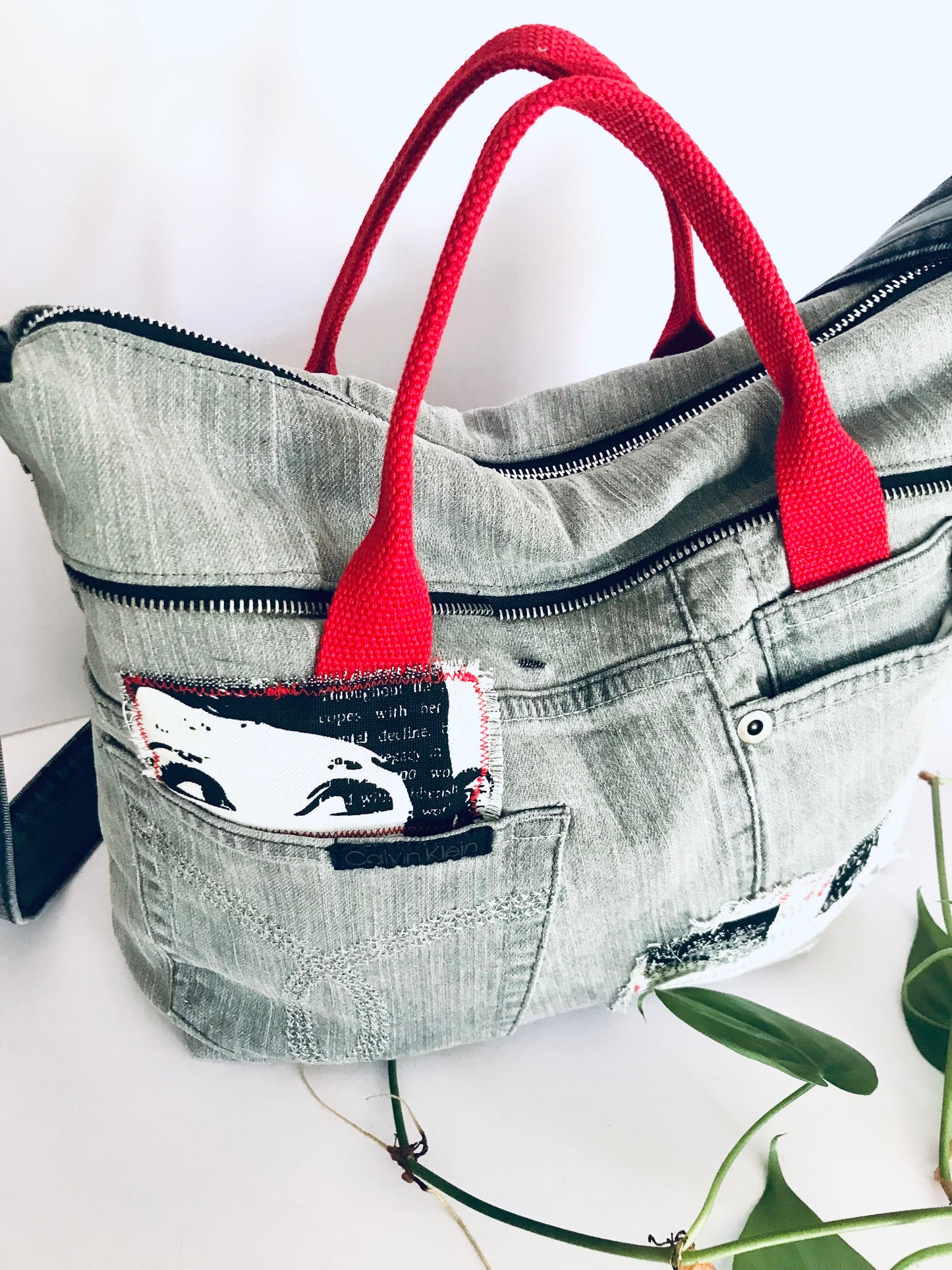 Conscious Carry-all featuring grey denim and Audrey Hepburn