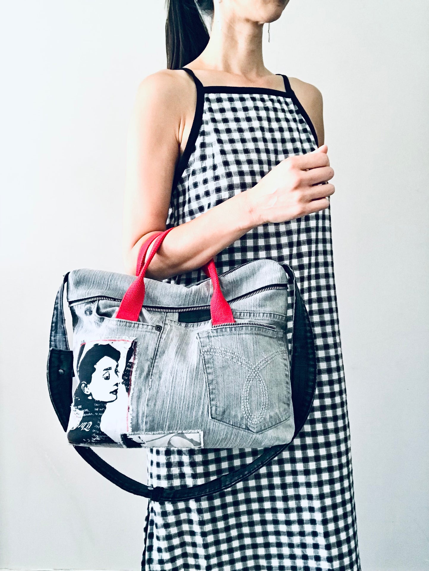 Conscious Carry-all featuring grey denim and Audrey Hepburn