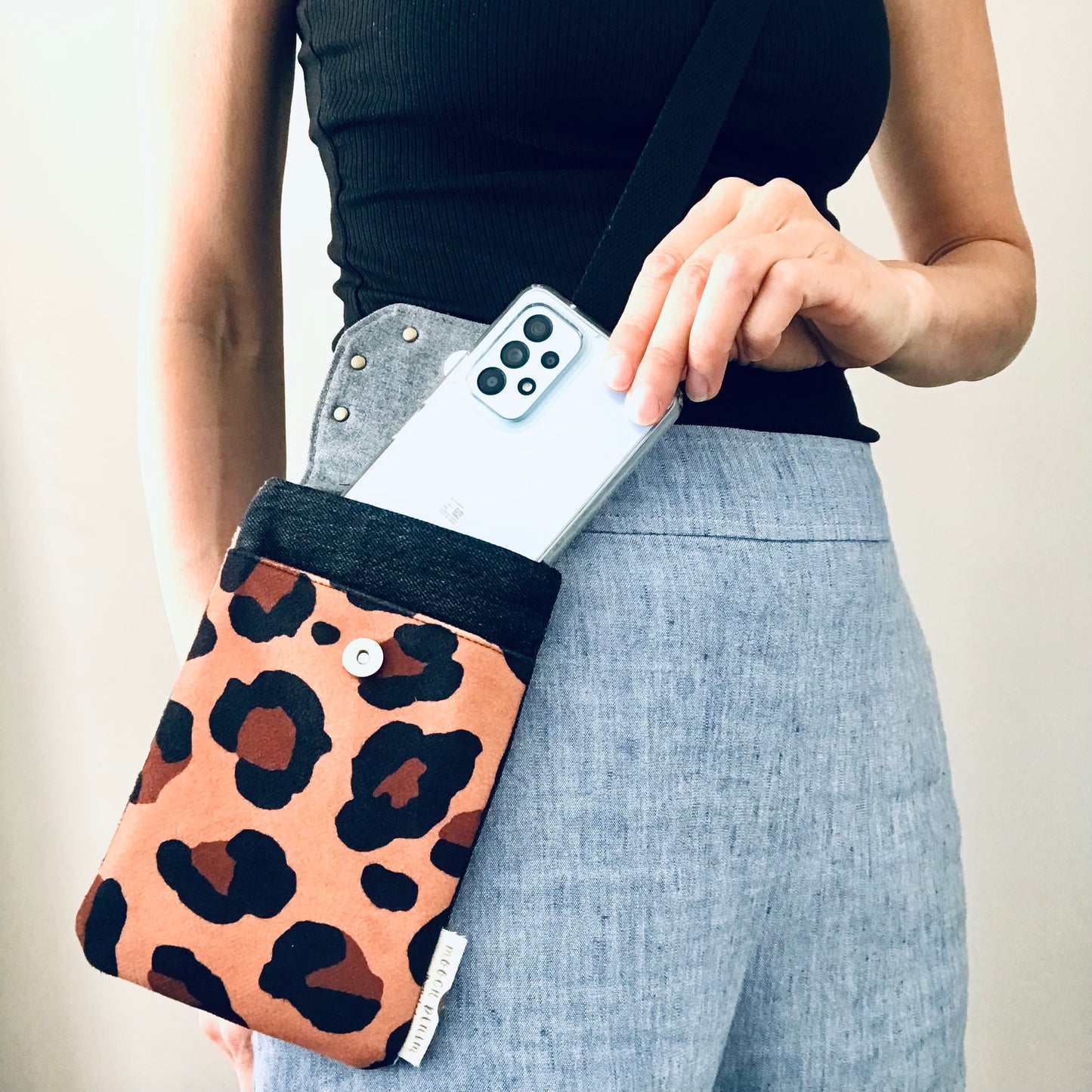 Upcycled denim remnant phone bag - Leopard print and black denim