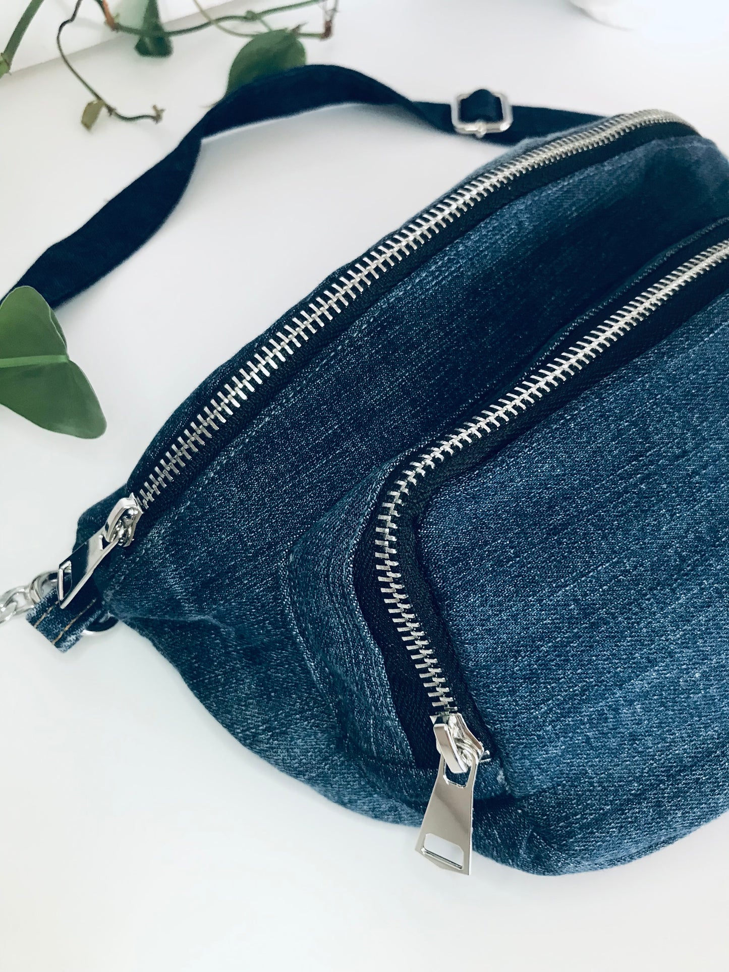 Blue denim waist pack with  silver chain detail