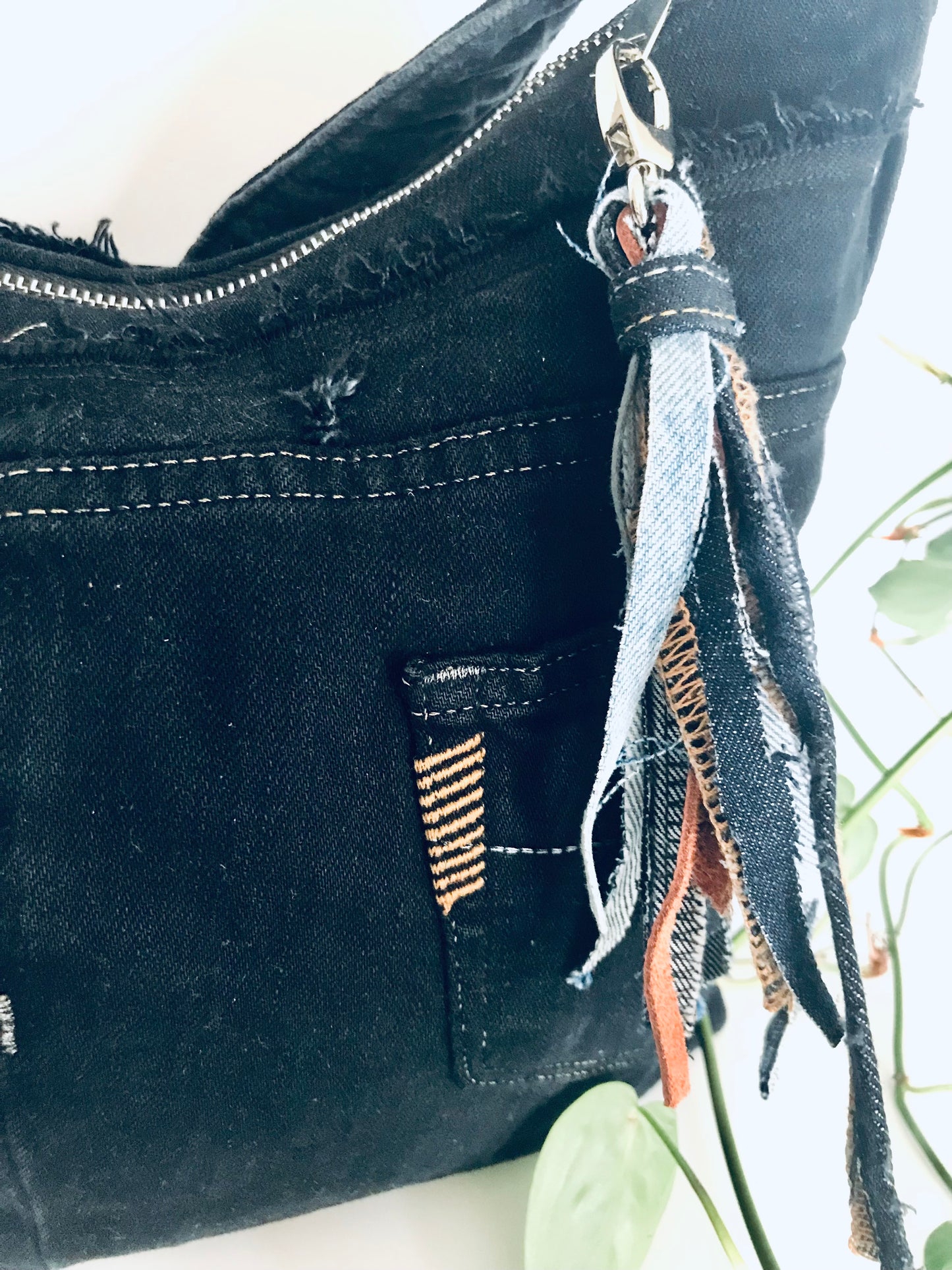 Conscious Carry-all with dark indigo denim and upcycled tassle