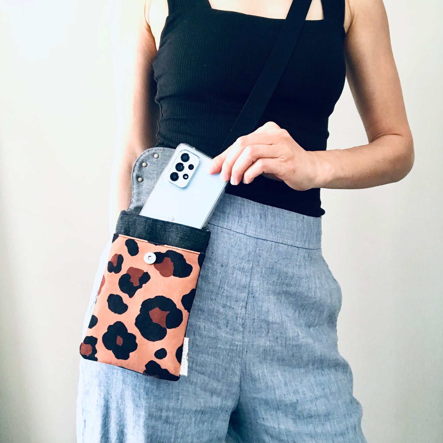 Upcycled denim remnant phone bag - Leopard print and black denim