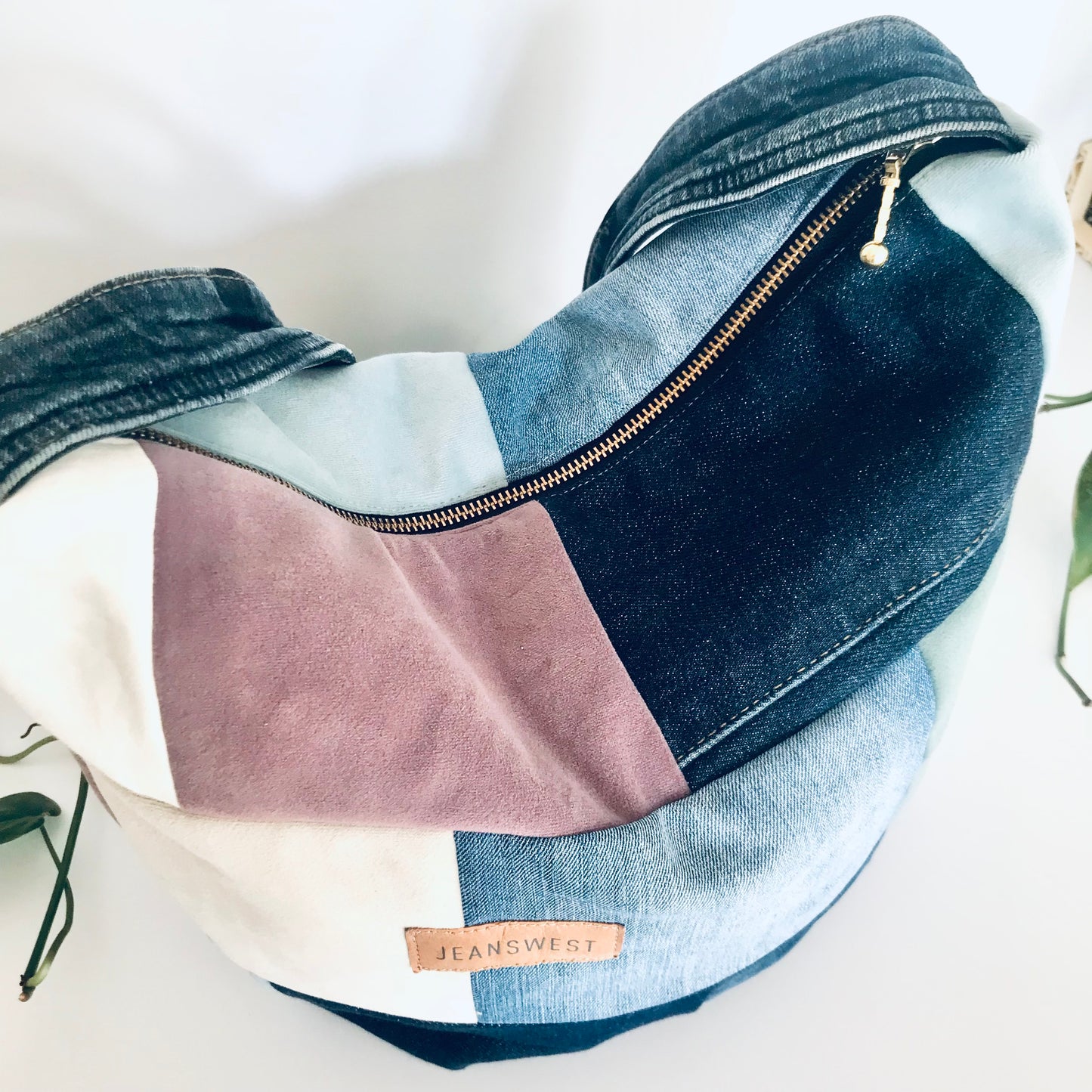 Plush denim and fabric swatch hobo bag