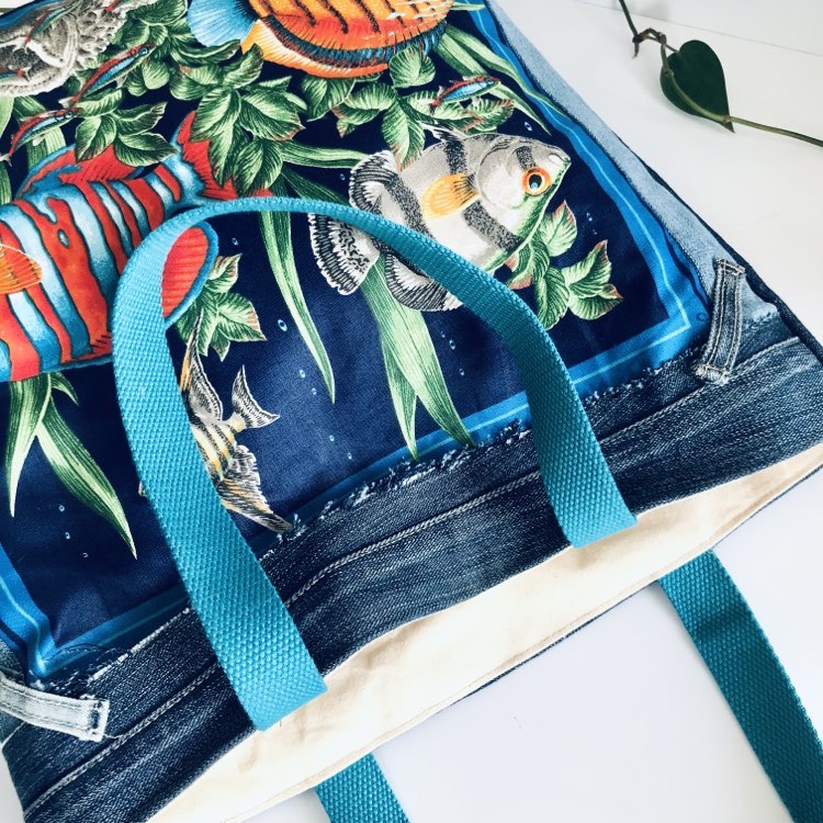 Mooch Denim Upcycled blue fish tote sustainable handmade bag