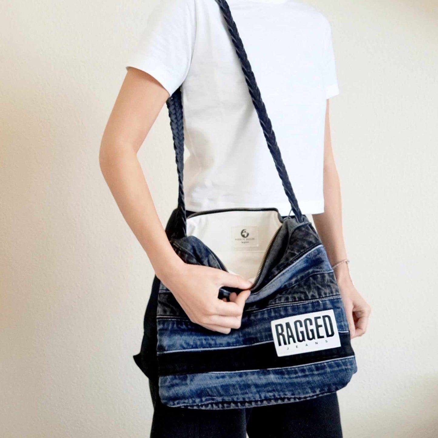 Upcycled denim crossbody waistband bag