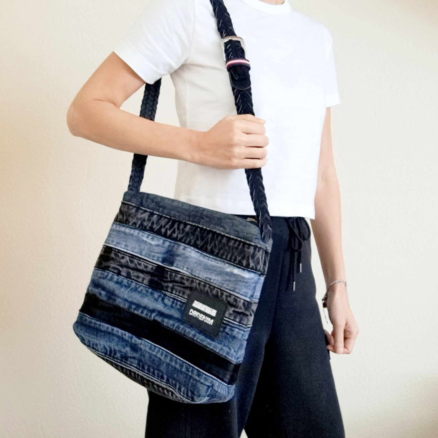 Upcycled denim crossbody waistband bag