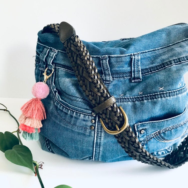 Mooch Denim Upcycled floral hobo bag light blue pink handmade sustainable bag australia