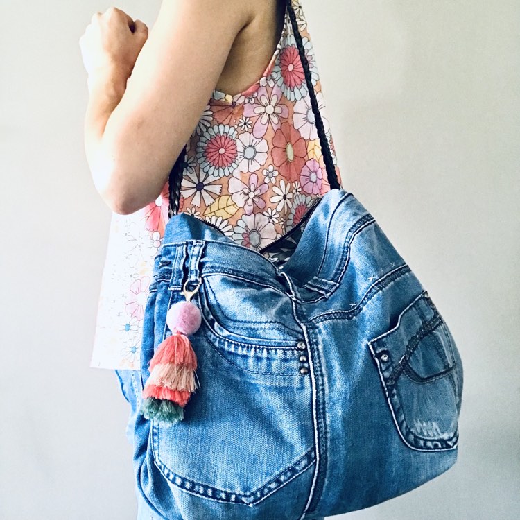 Mooch Denim Upcycled floral hobo bag light blue pink handmade sustainable bag australia