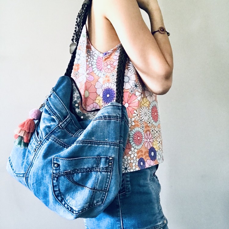 Mooch Denim Upcycled floral hobo bag light blue pink handmade sustainable bag australia